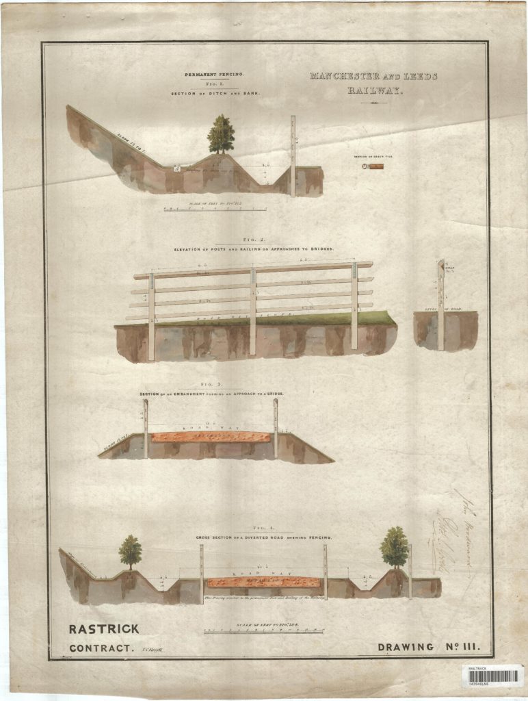 Original archive drawing of trees and fencing on the Manchester and Leeds Railway