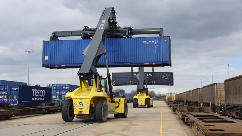Containers ready to be loaded onto freight trains