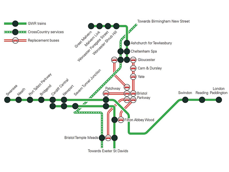 Planned engineering works map for Christmas showing bus replacement buses will run from Bristol Parkway and the diversion routes around Bristol Parkway for GWR and CrossCountry trains