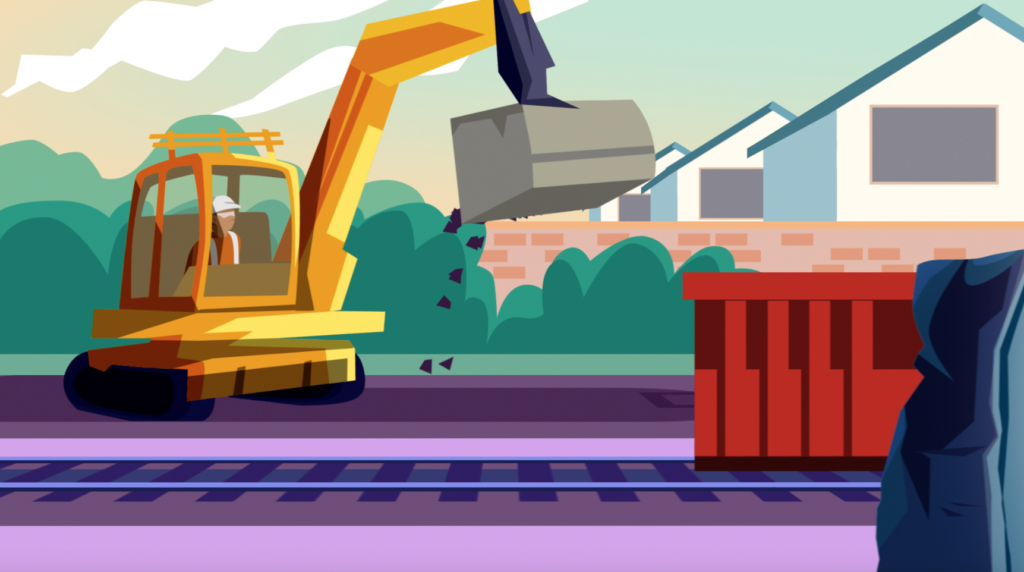 Illustration of a yellow digger next to railway tracks, beside nearby houses.