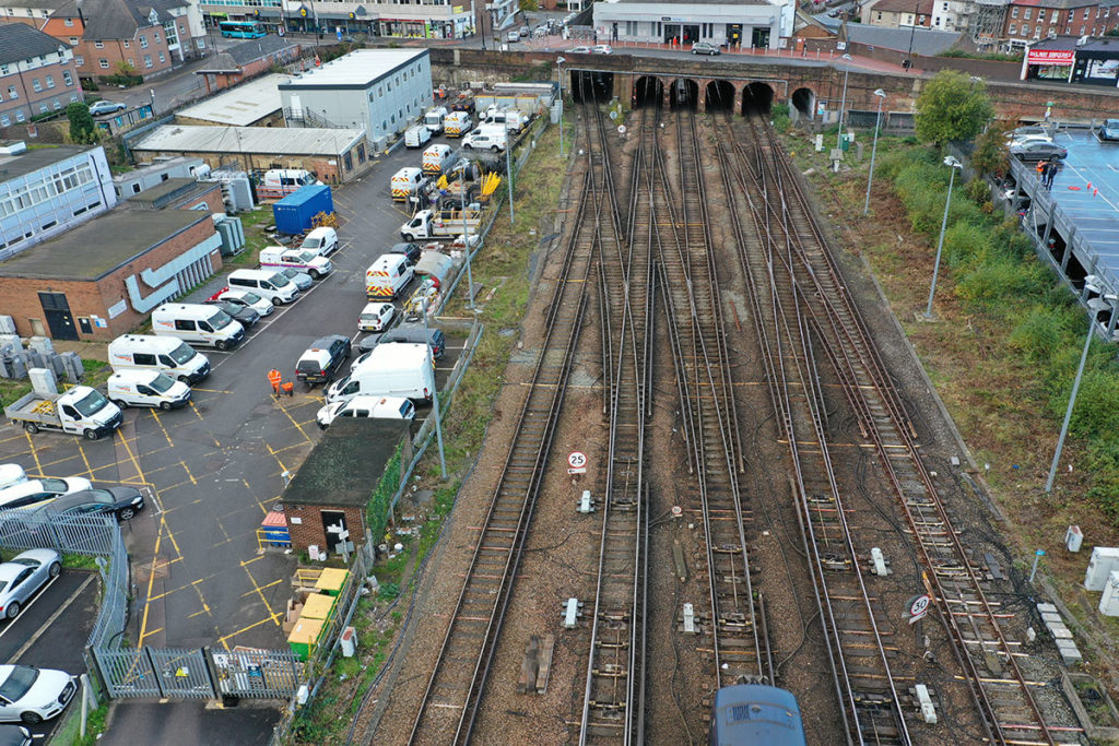 Aerial view of Tonbridge switches and crosses