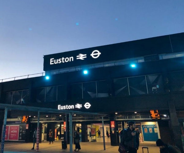 London Euston station exterior in the evening