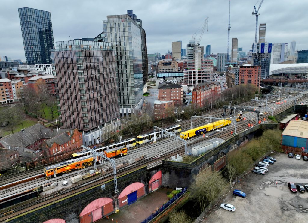 View of engineering trains on the tracks outside Manchester Victoria railway station. Major projects are often part of our bank holiday planned engineering works.