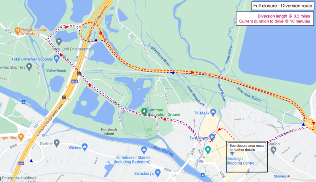 Map showing the diversion route for vehicles via the A30 and B376