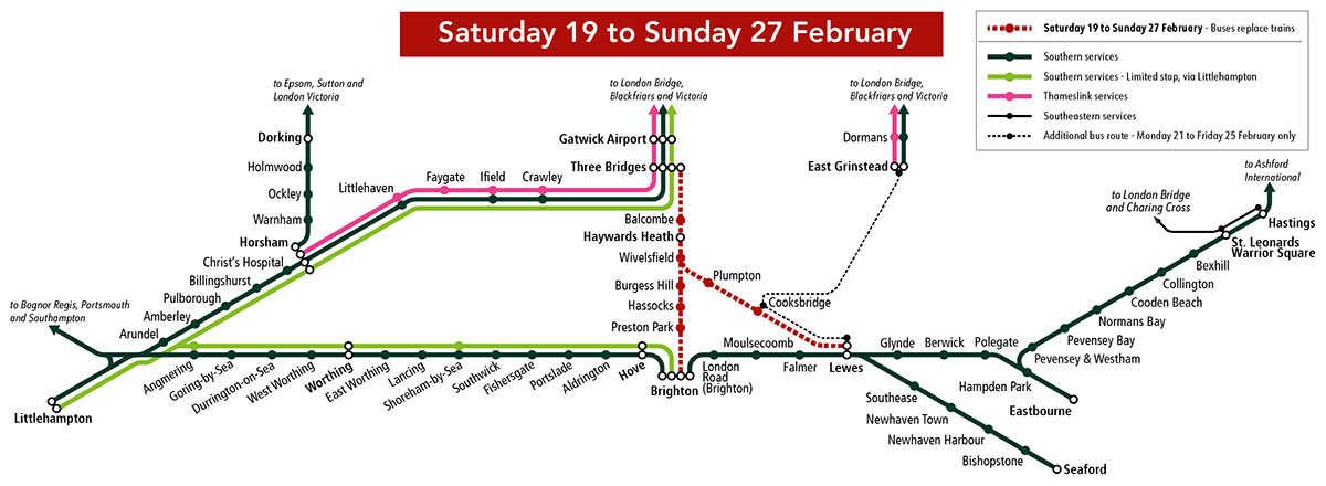Bus replacement map for Saturday 19 to Sunday 27 February. 