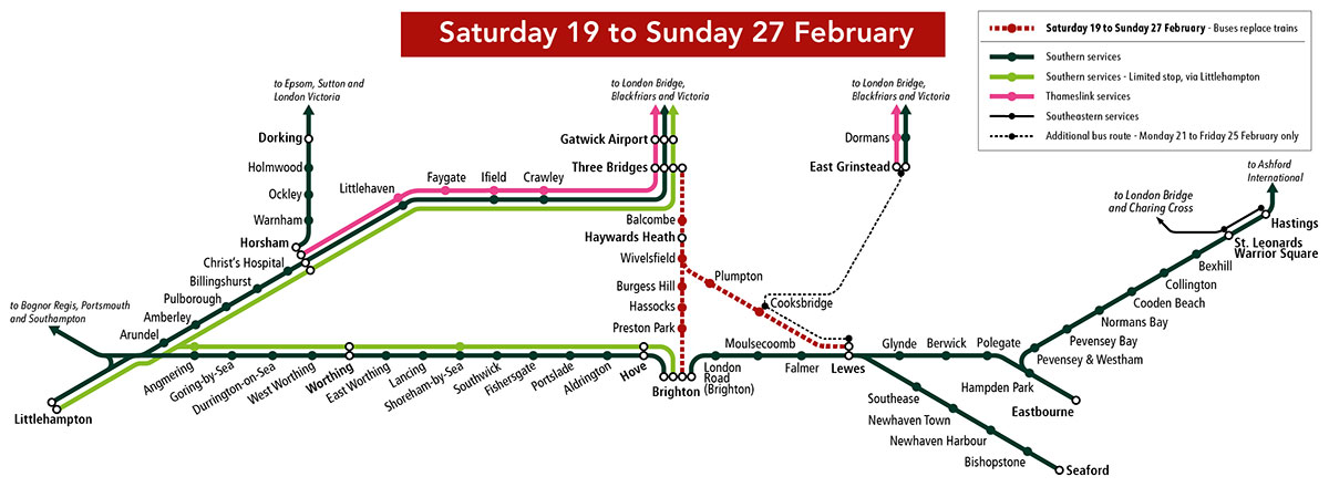 Bus replacement map for Saturday 19 to Sunday 27 February.
