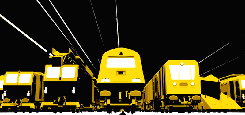 Still from animation showing our fleet of yellow machines and vehicles