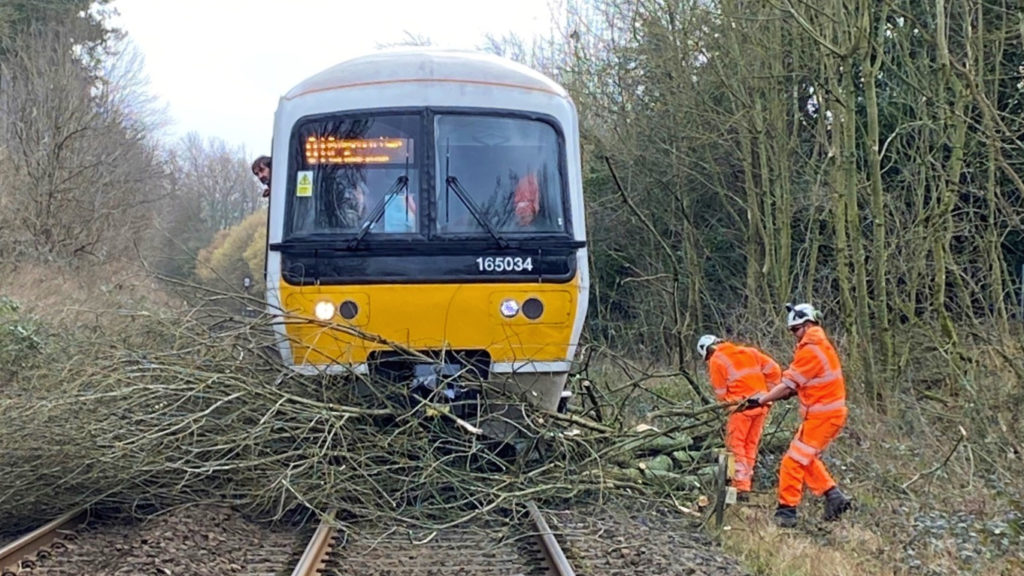 Rail workers clear a tree that has fallen onto the railway, in front of a passenger train