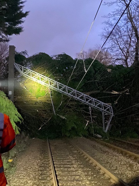 Trees fallen onto gantry and overhead line equipment