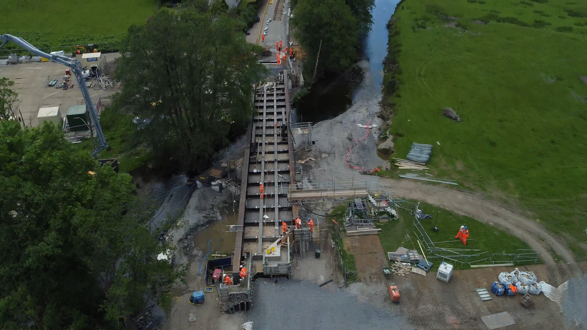 Aerial shot of Black Bridge and engineers 