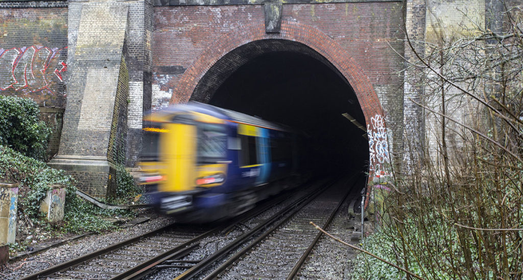 A train travelling through Penge tunnel