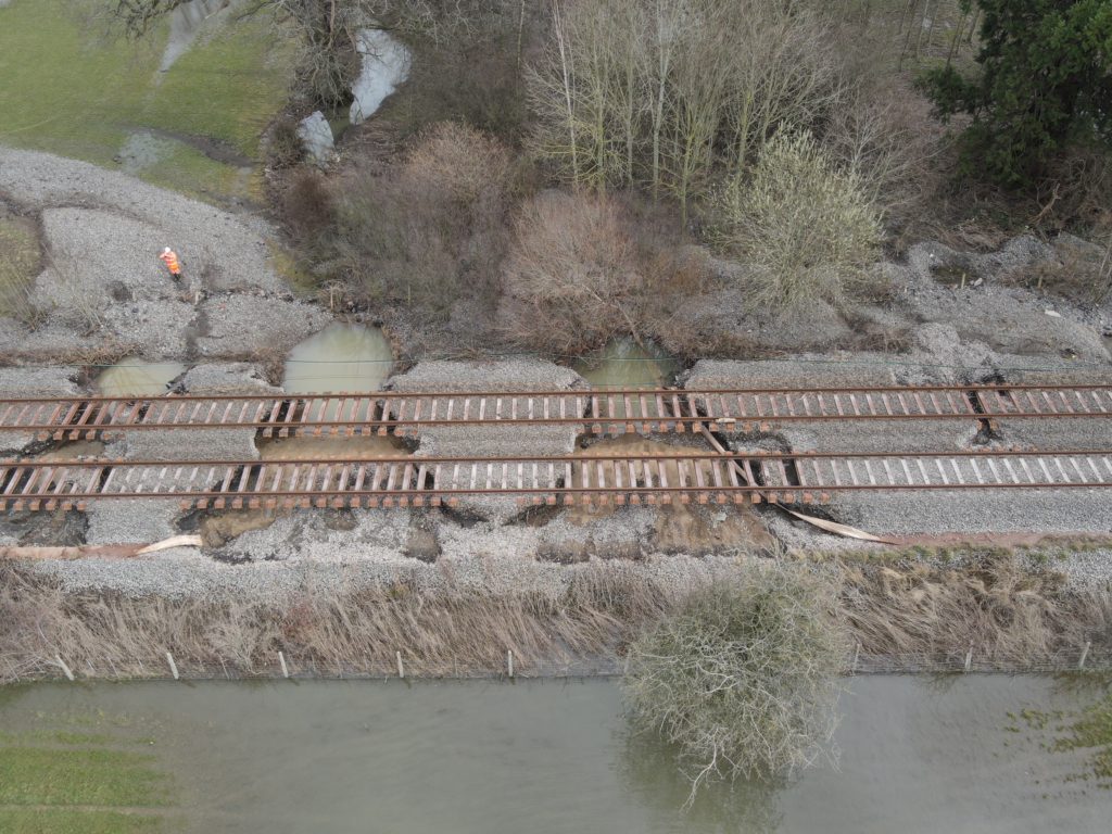 Aerial view of washouts on Cambrian Line