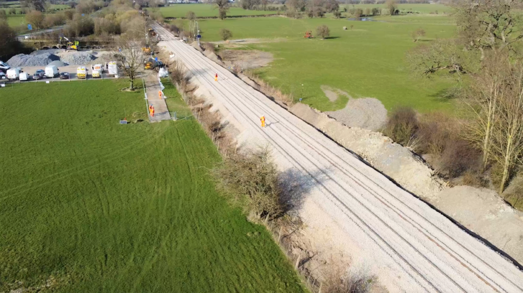 Aerial view of new track and ballast on Cambrian Line