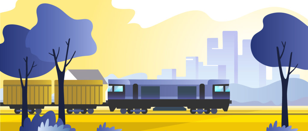 UK Rail for Ukraine graphic banner - a freight train travels past a city.