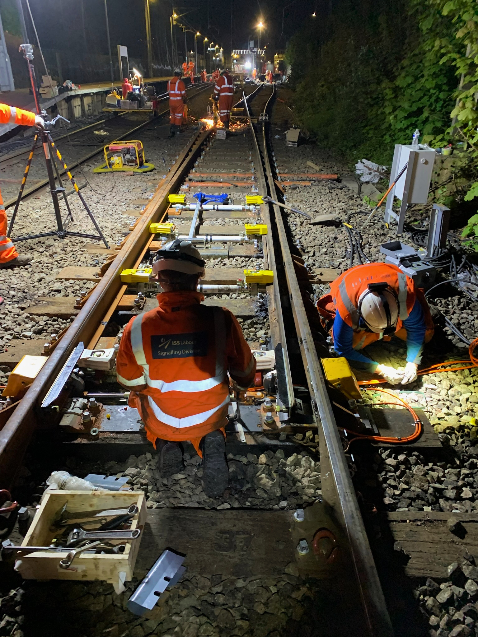 Engineers working on a set of points in Macclesfield. 