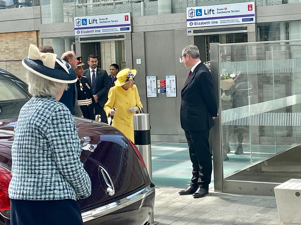 Her Majesty The Queen at London Paddington coming out of an elevator celebrating the completion of the Elizabeth Line.