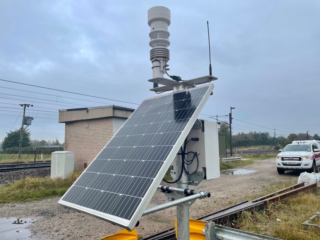 Close up of a sustainable solar powered weather station.