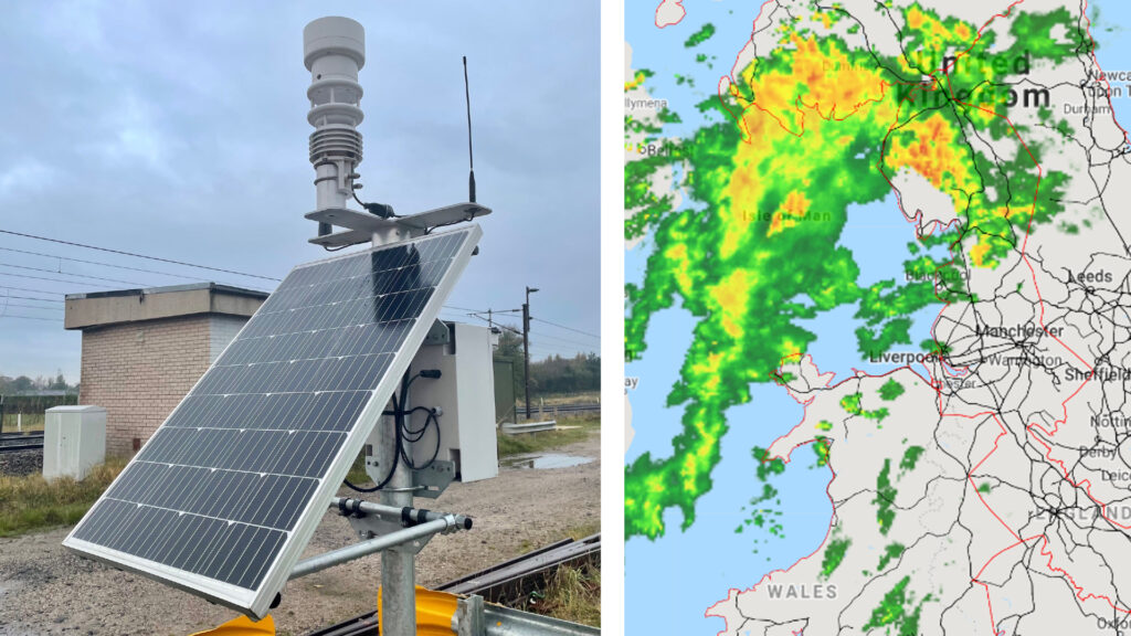 Split images of a weather station and the data it captures - weather front coming in on map of Britain. 