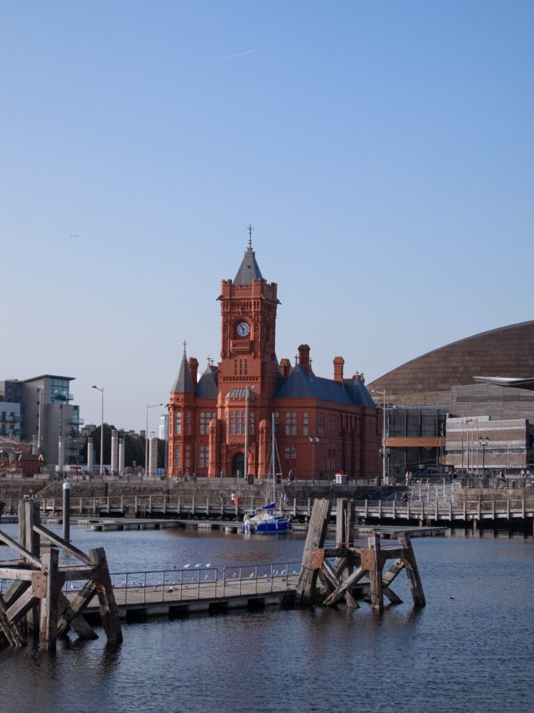 Shot of Cardiff Bay with blue skies. 