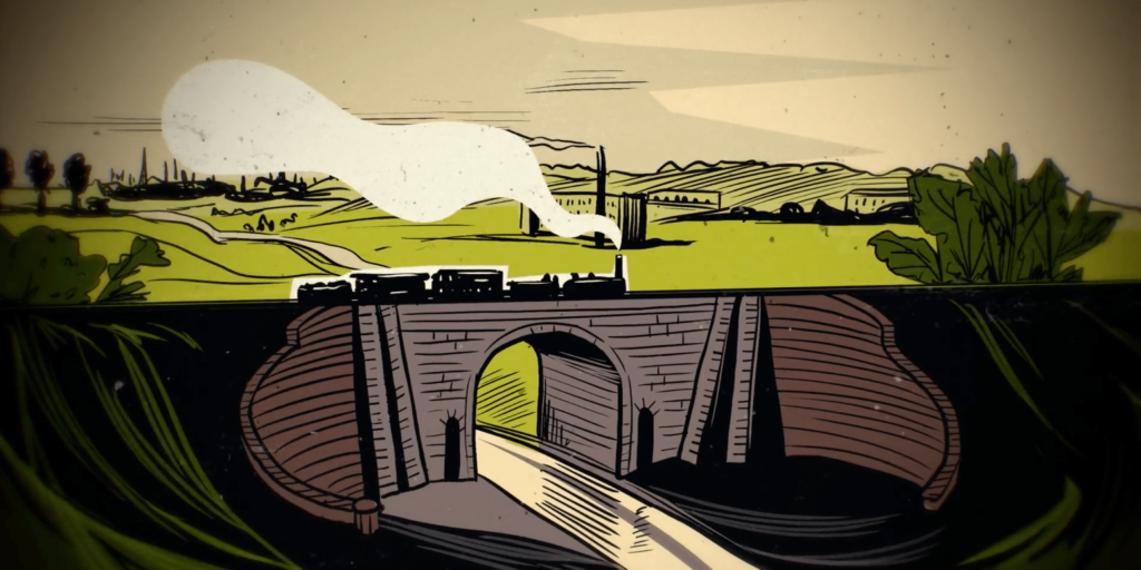 Still from an animation, showing a steam train travelling across a viaduct