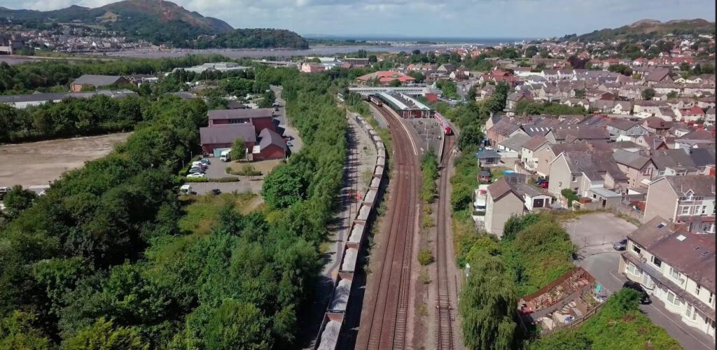 Aerial shot of newly reopened Llandudno freight yard in North Wales