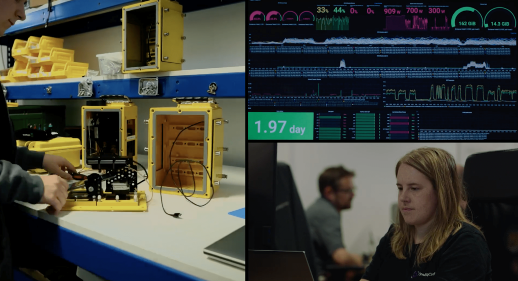 Still from a film showing a split screen of a man assembling an AIVR-Go camera, some data on graphs and a woman sitting at a desk.