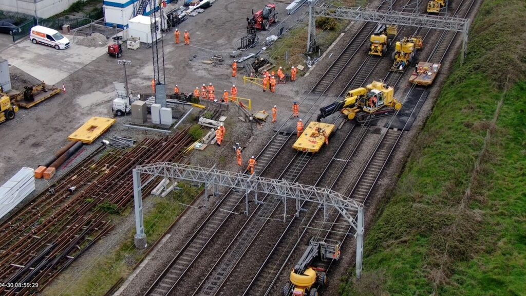 Aerial image of rail workers on the tracks at Crewe during the early May bank holiday works 2023.