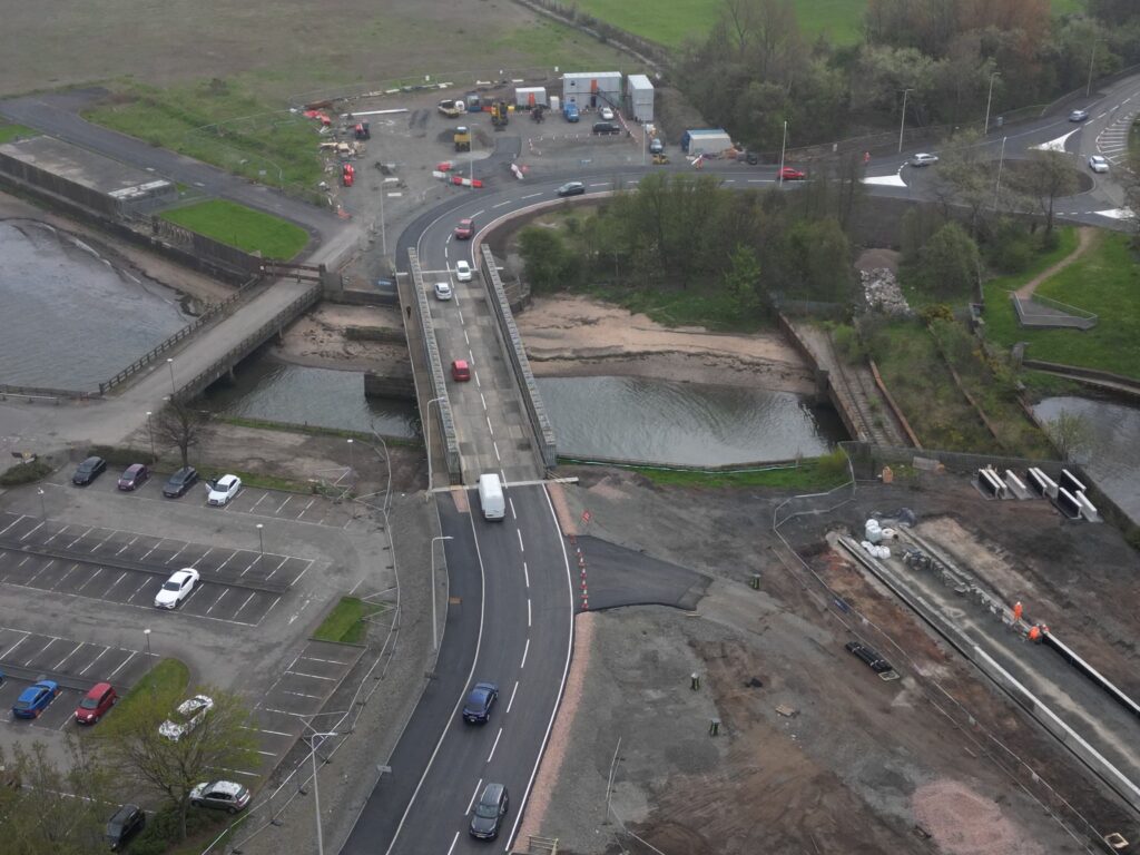 Aerial image of the newly opened temporary bridge in Leven.