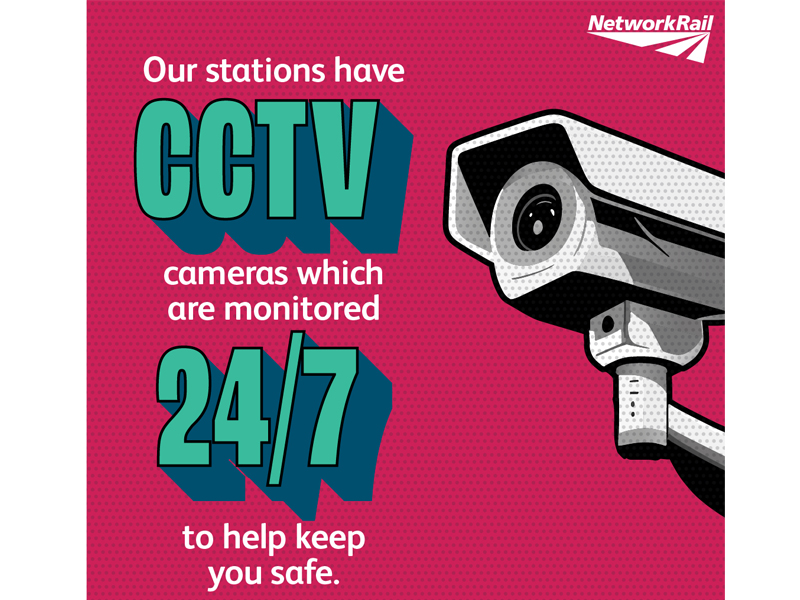 Infographic showing a CCTV camera against a pink backdrop with the following text: Our stations have CCTV cameras which are monitored 24/7 to help keep you safe.