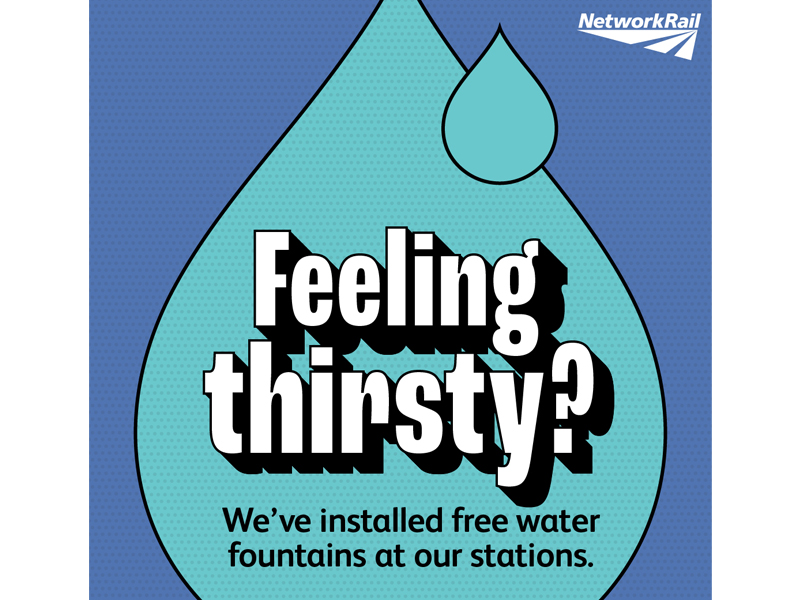 Infographic showing a drop of water against a blue backdrop with the following text: Feeling thirsty? We've installed free water at our stations.