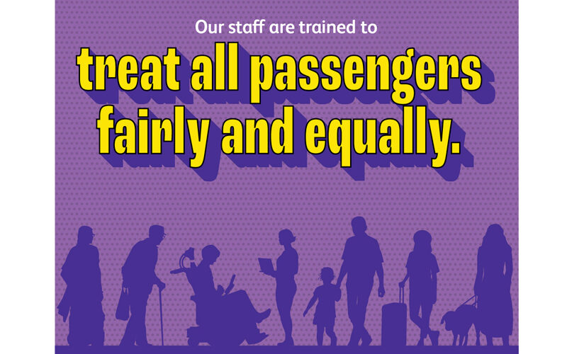 Infographic showing a number of passengers against a purple backdrop with the following text: Our staff are trained to treat all passengers fairly and equally.