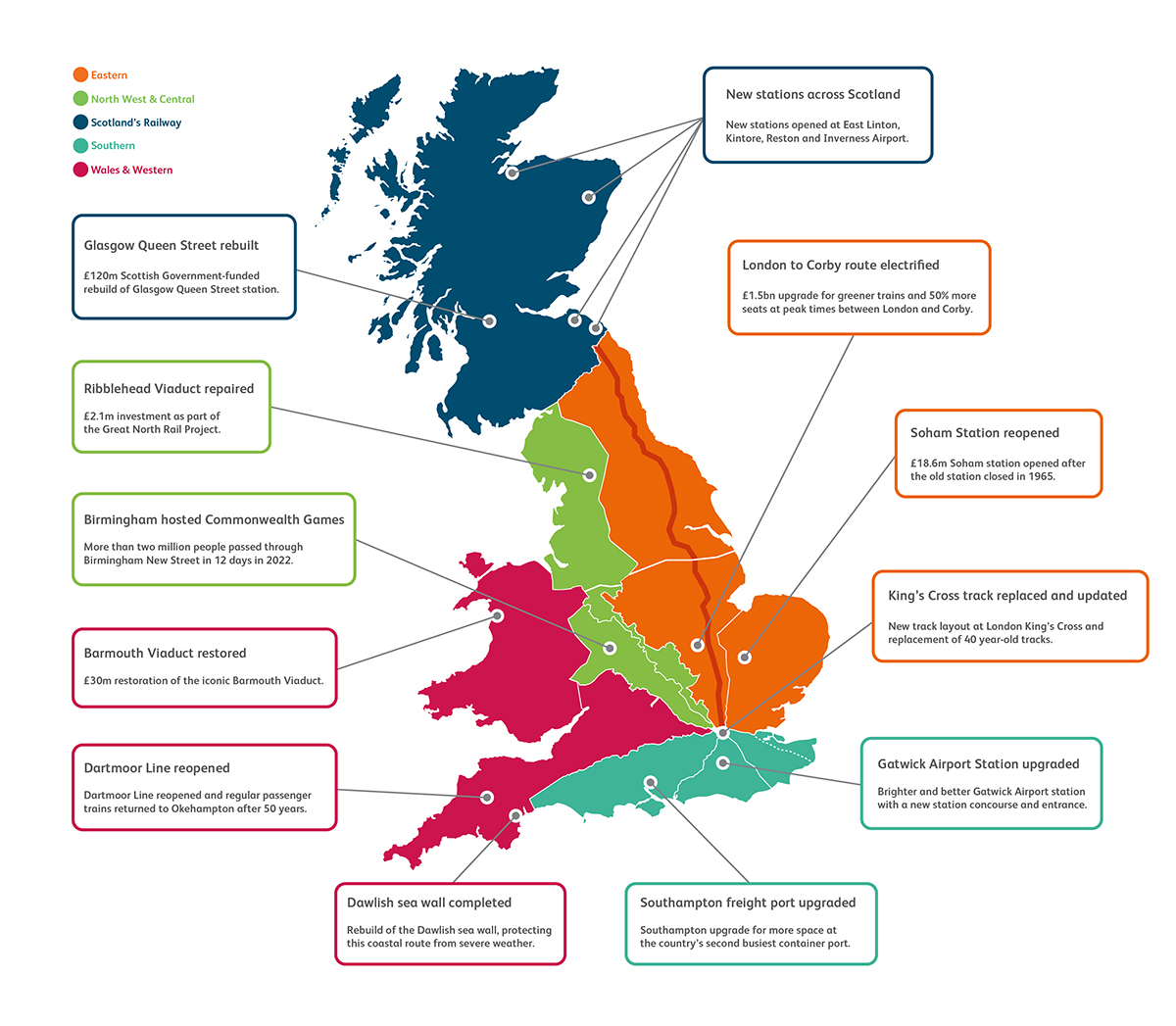 A map showing just some of the major projects we delivered on the railway in Control Period 6