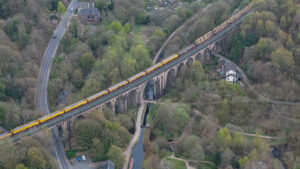 Aerial shot of railway between Mossley