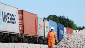 Freight yard with worker