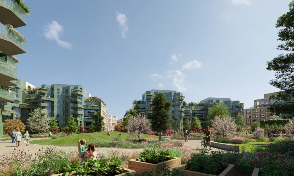 Computer-generated image of a development of apartment buildings in Cambridge.