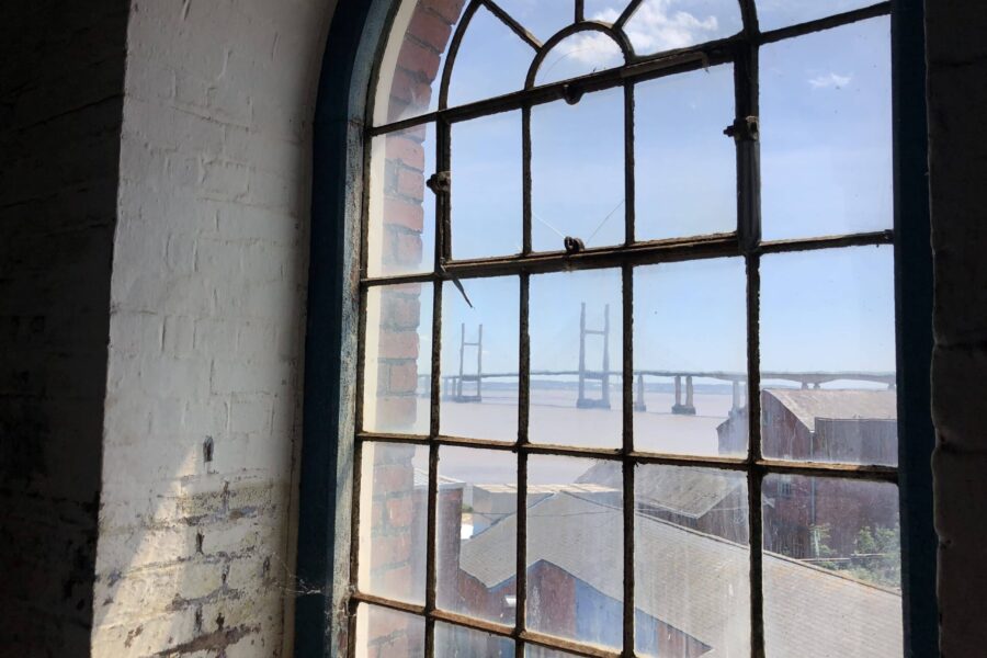 Photograph of a bridge from a window at Sudbrook Pumping Station