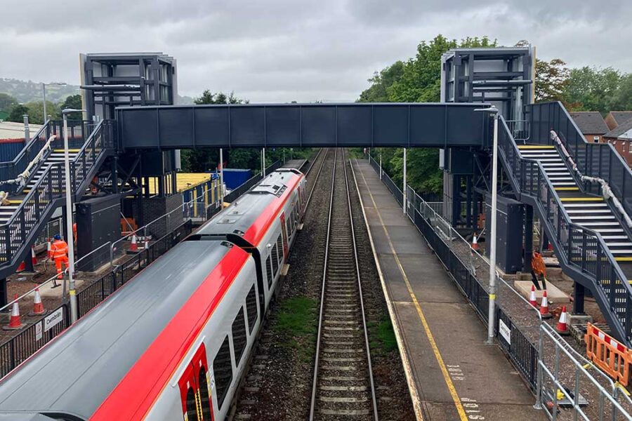 TfW-train-passing-under-the-newly-installed-footbridge-at-Cwmbran