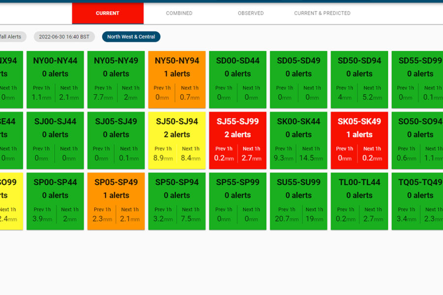 Dashboard for the convective alert tool. There are alerts for various sections of a line, using a color-coded system in shades of red and green to indicate where convective rain is most likely to hit.