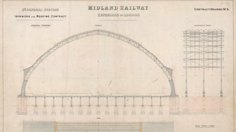 Old plan showing side on view of roof ironwork of London St Pancras