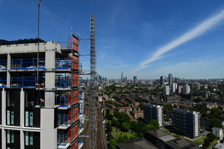 London apartments under construction by the railway